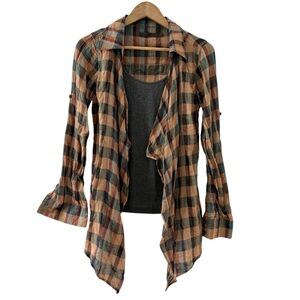 Nicholas K Plaid Flannel Double Layer Open Front Shirt Roll Tab Sleeves Small